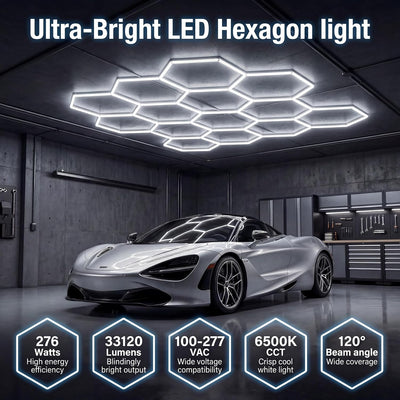 Lámpara techo hexágono LED 276W 46 Pzas para garaje taller