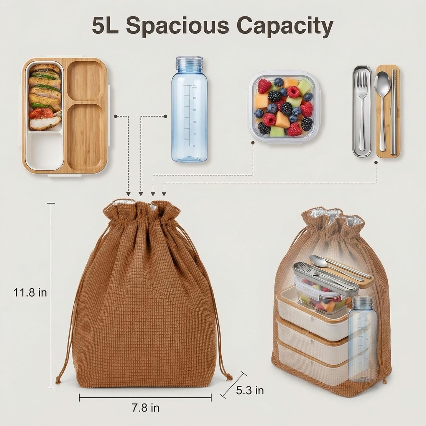 Bolsa de almuerzo retro con cordón texturizada suave para mujeres estudiantes