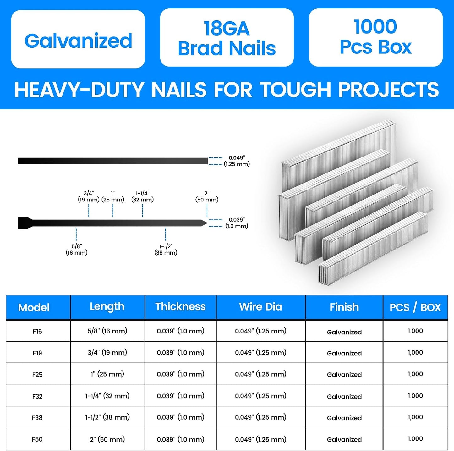 Clavos Brad 18GA 2pulg galvanizados 1000uds