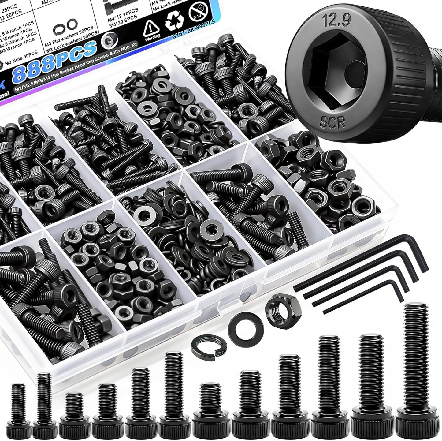 Set 888 tornillos métricos M4 M3 M2.5 M2 acero grado 12.9