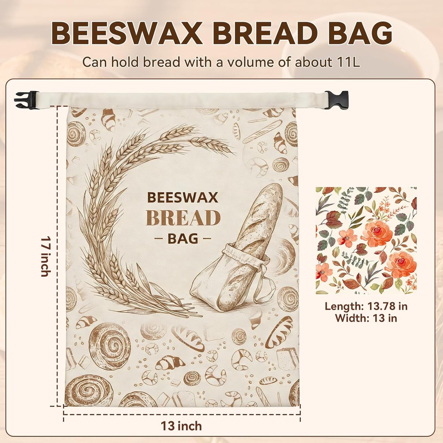 Paquete de 2 bolsas de pan reutilizables de cera de abeja 17x13 pulgadas