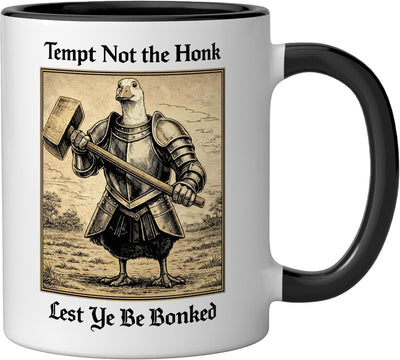 Taza de cerámica Silly Medieval Goose Knight Meme Negro/Blanco