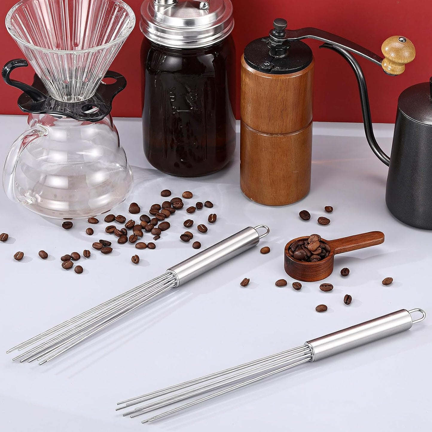 Batidor de café expreso de mango largo con 10 agujas de acero inoxidable