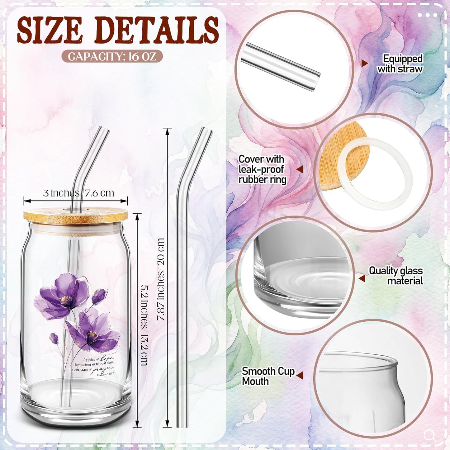 24 Pzas Tazas Vidrio 16oz Tapas Bambú Pajitas Versículos Bíblicos