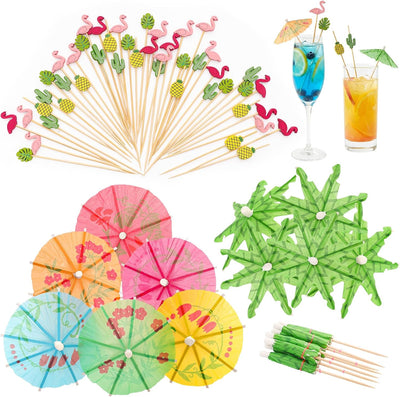 Palillos de cóctel tropicales de bambú y coco hawaiano para frutas y fiestas