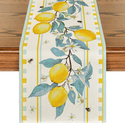Camino de mesa azul claro con árbol de limón, flor y abeja para decoración de comedor