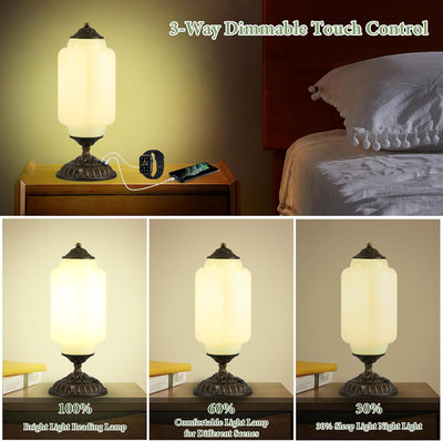 Lámpara mesa vintage vidrio leche control táctil 3 vías USB