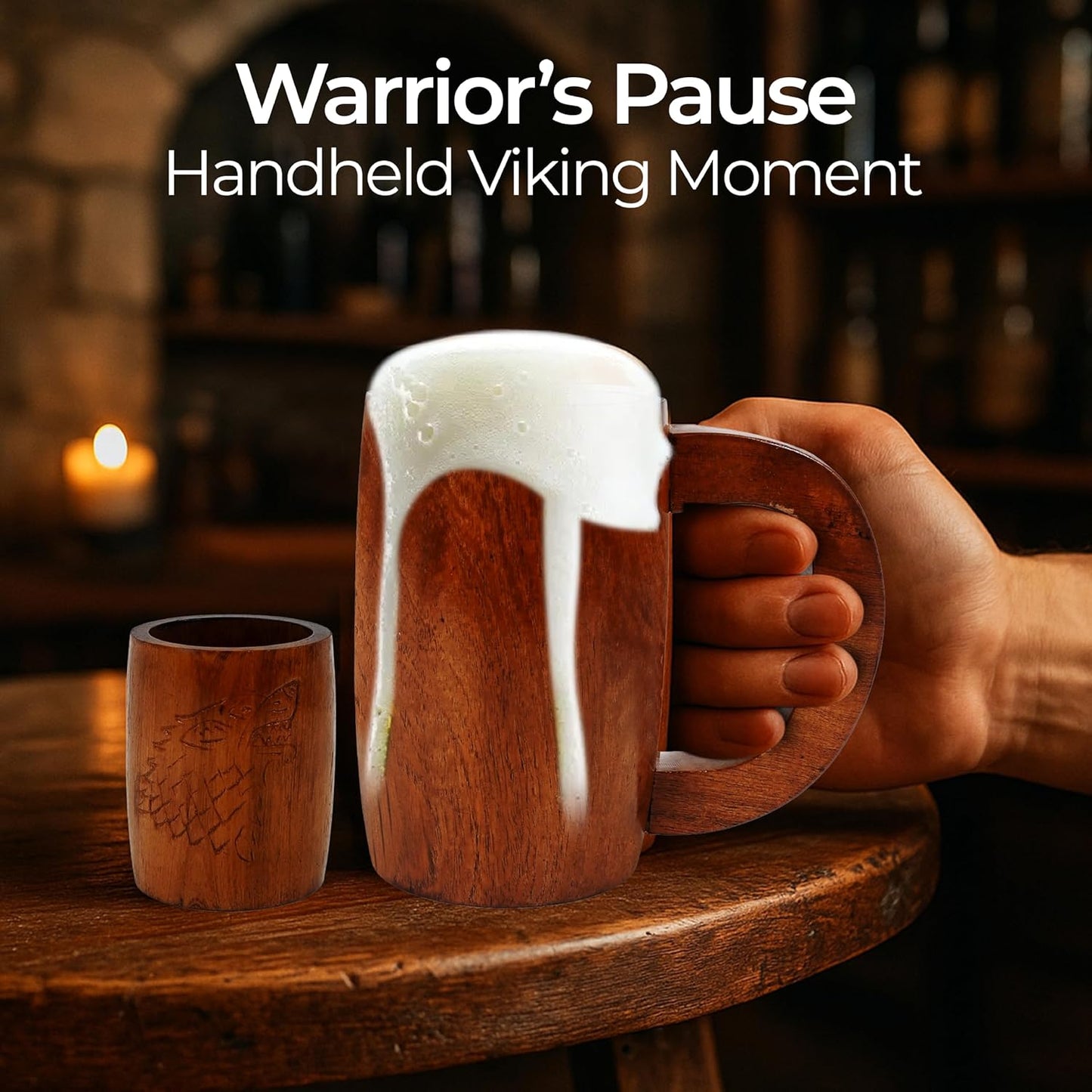 Juego combinado de vasos vikingo grabados lobo taza madera acacia cuerno Fenrir 16-20 oz con chupito abrebotella arpillera base acrilica