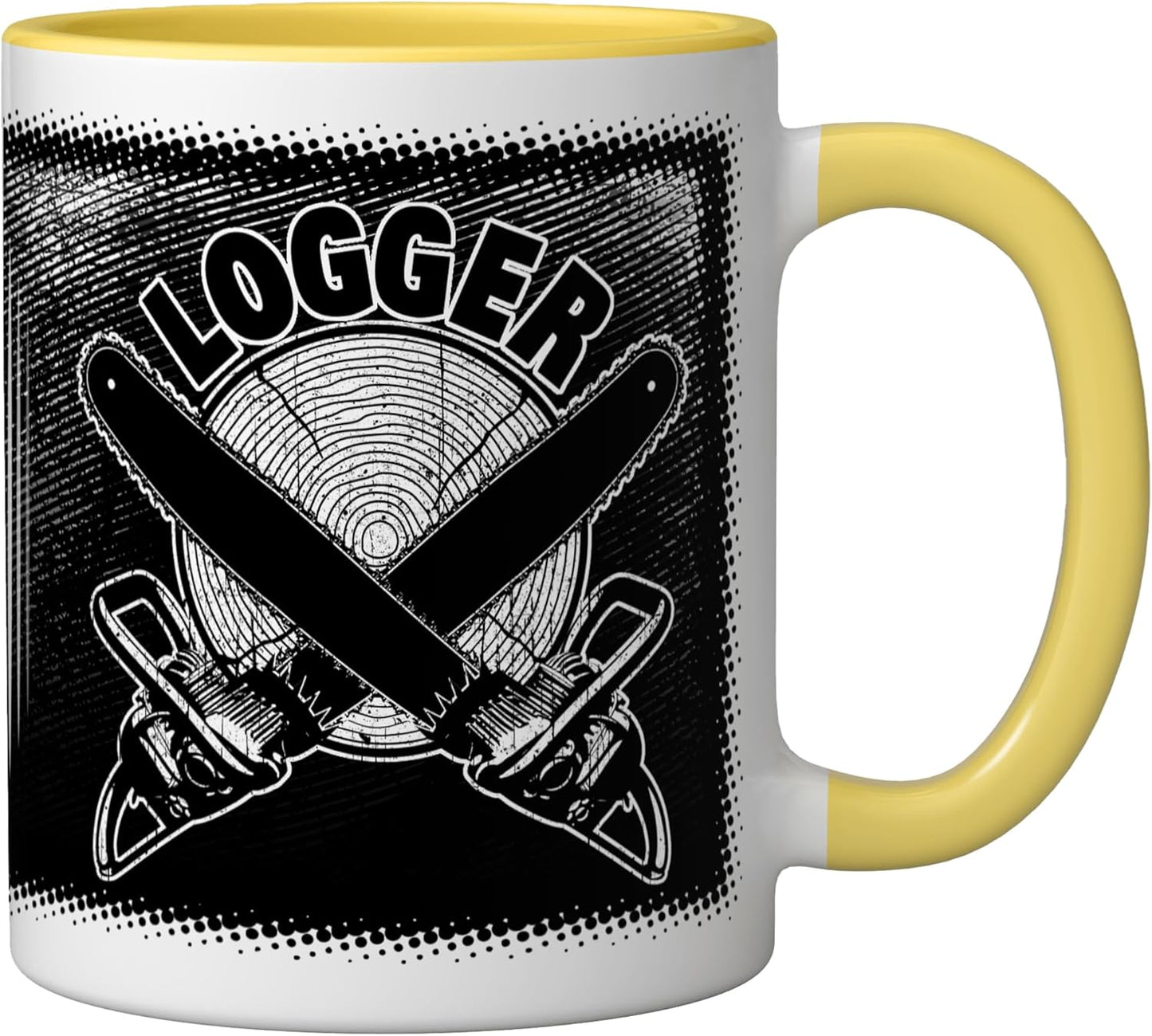 Taza Cerámica con Cadena de Sierras y Tronco Amarillo/Blanco
