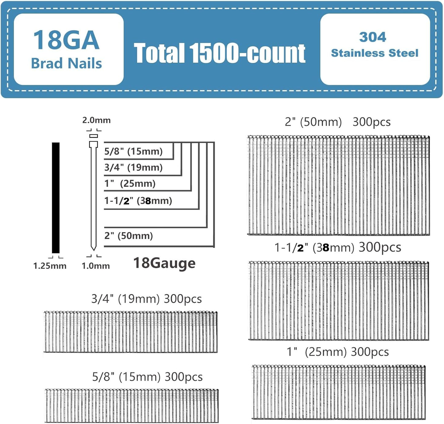 Clavos Brad acero inox 304 set 1500 5/8-2 pulg