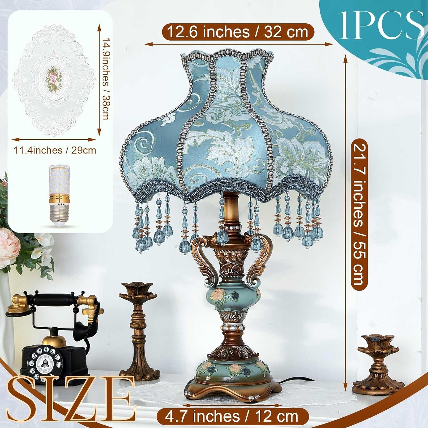 Lámpara mesa flores victorianas con mantel encaje vintage