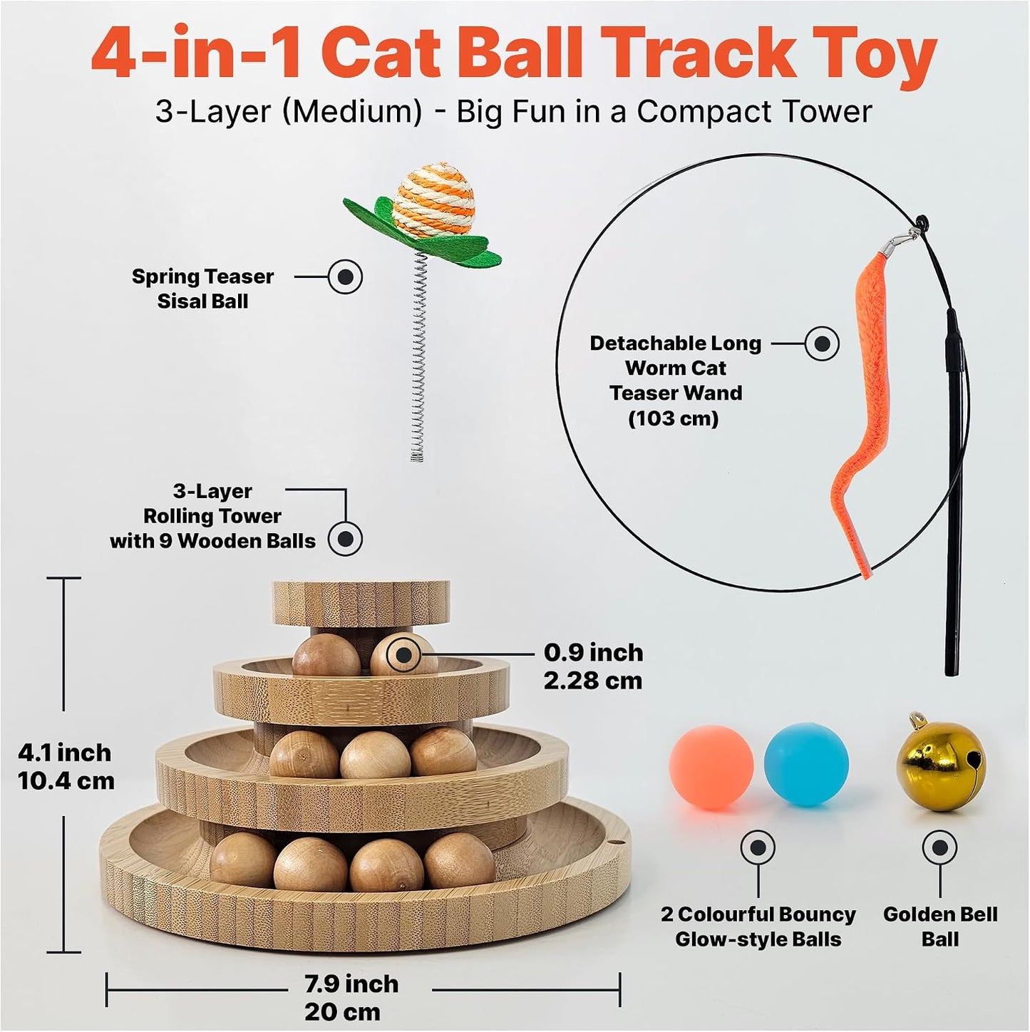 Pista bolas gato 3 niveles 9 bolas madera varita gusano