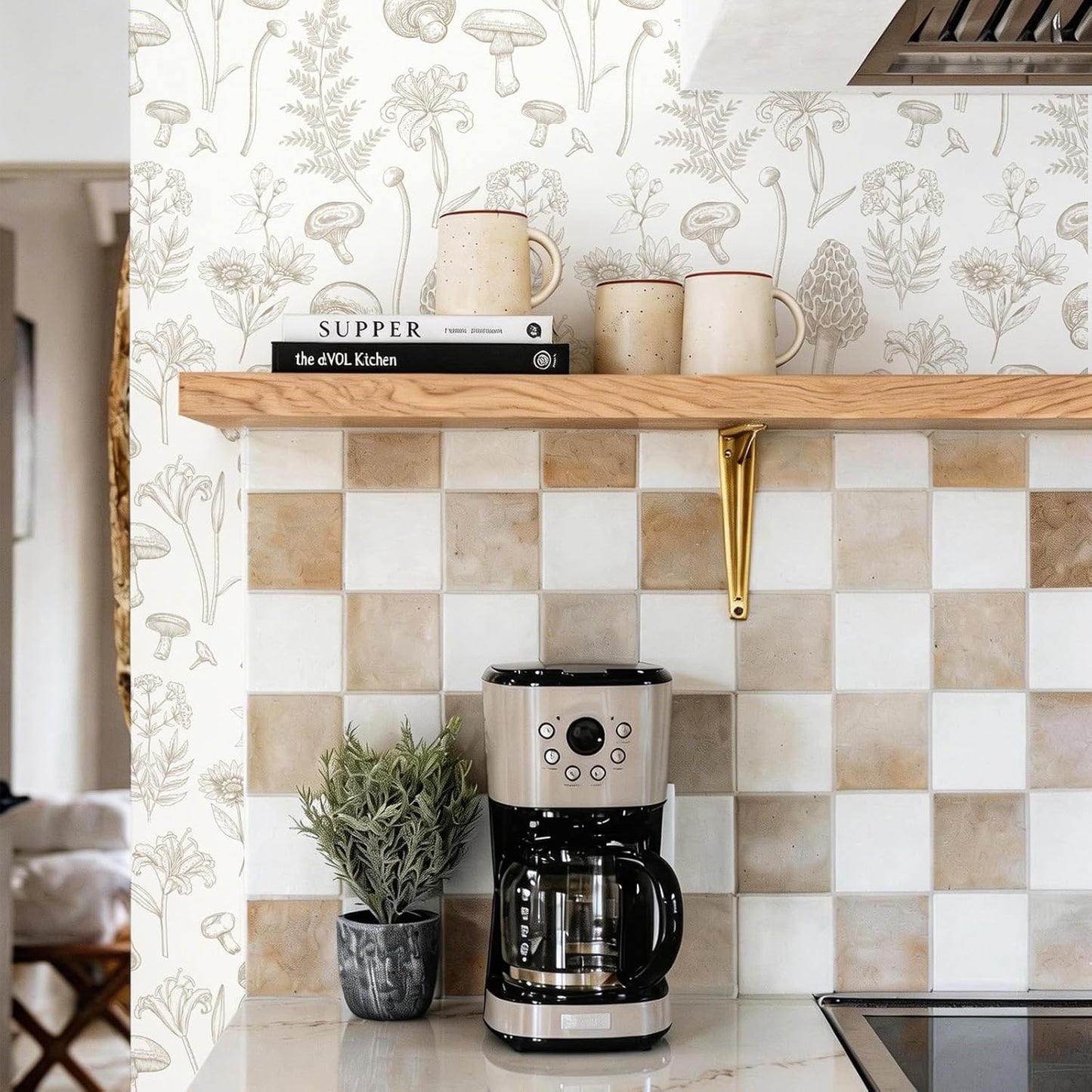 Papel tapiz hongos autoadhesivo beige decorativo para baños