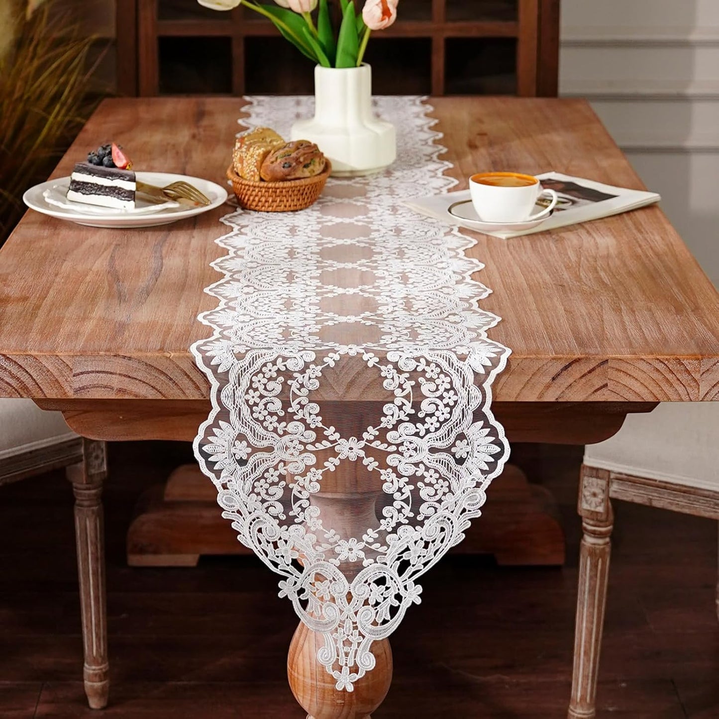 Caminos mesa blanco patrón flores vintage 12x48pulg