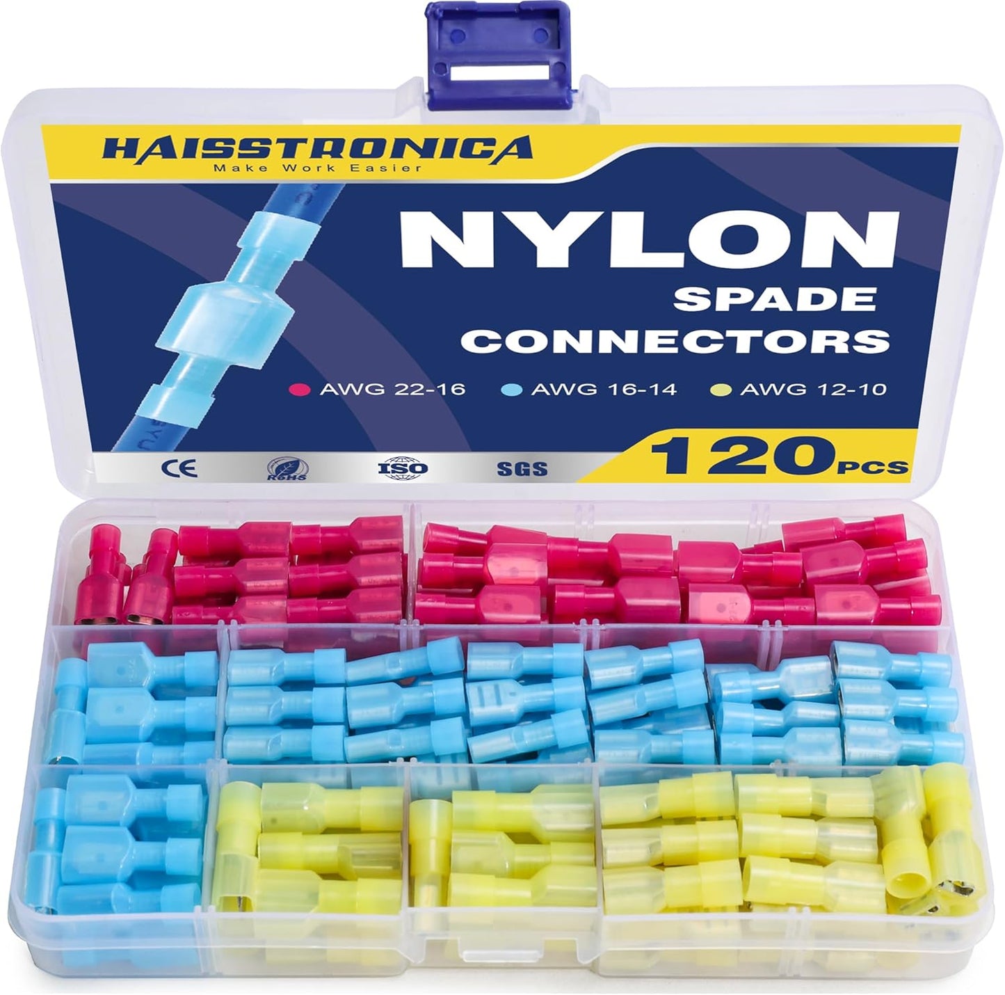 Kit 120 Pzas Conectores Pala Nylon 22-10 AWG Macho Hembra