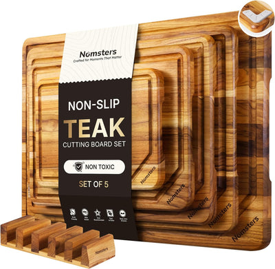 Set 5 Tablas Cortar Teca Soporte Antiderrap Fregadero