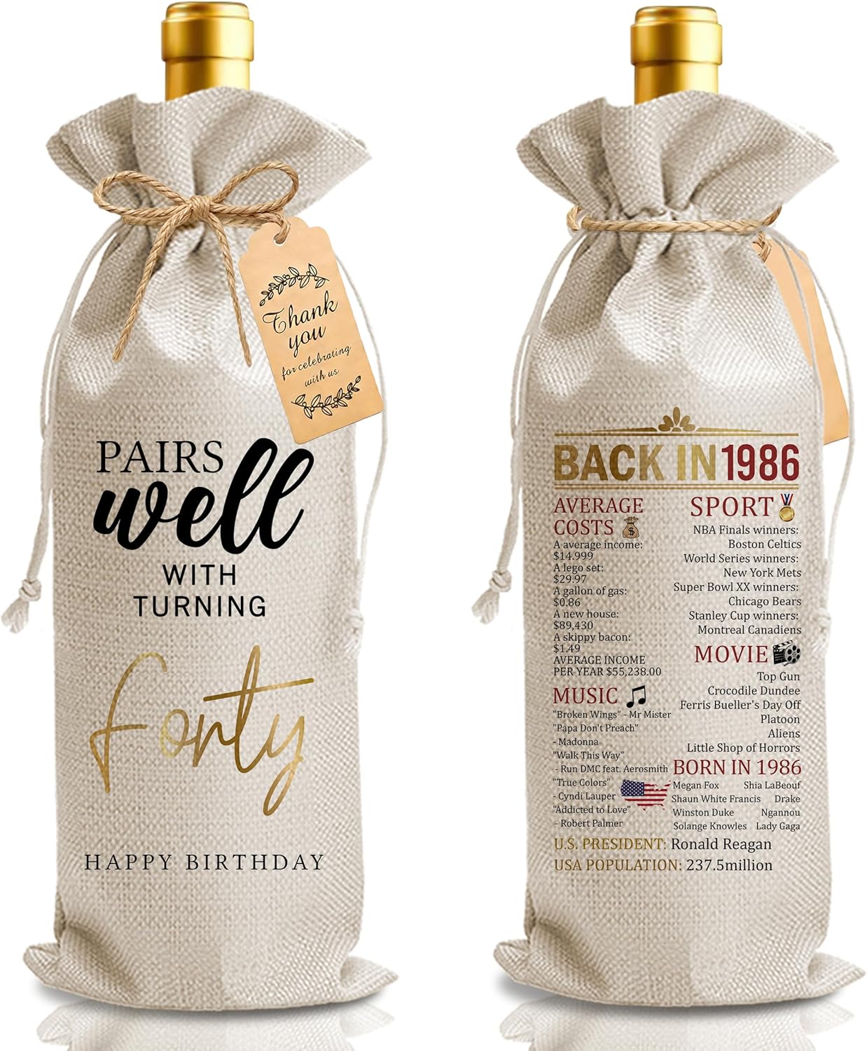 Bolsa de regalo de vino para cumpleaños 40 hombres y mujeres con cordón
