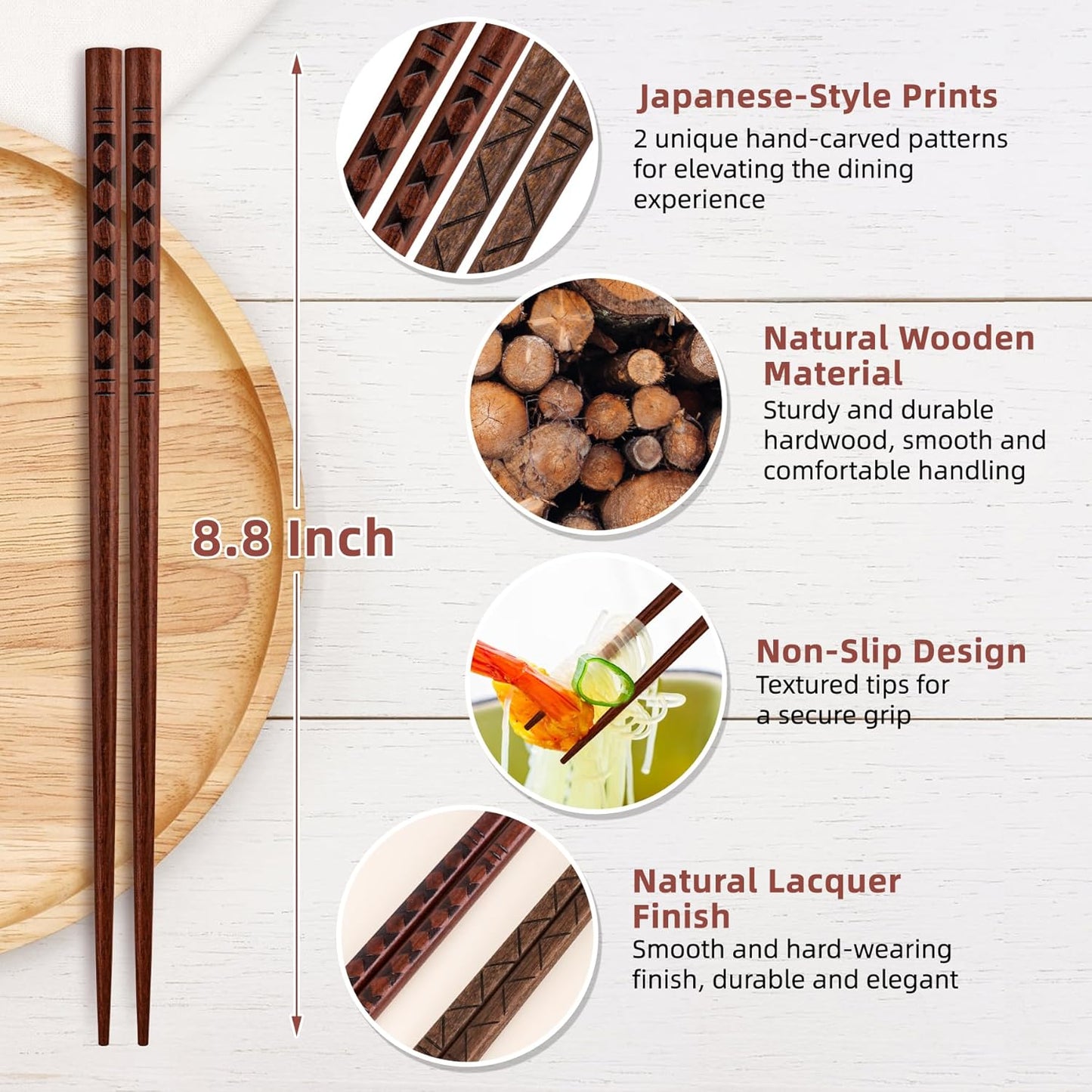 Set 5 Pzas Palillos Madera Dura Japonés Reutilizables