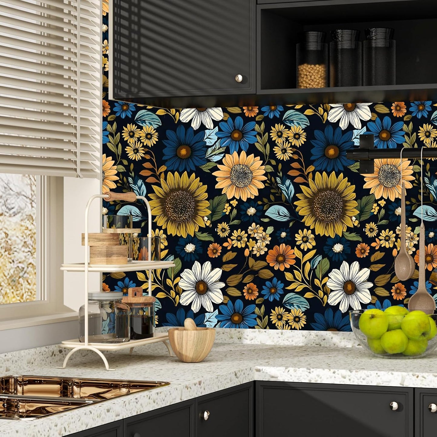 Papel tapiz floral azul marino autoadhesivo 17.5x