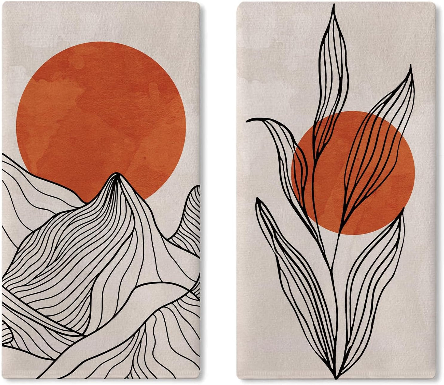 2 Pzas Paños cocina boho arte abstracto sol y montaña