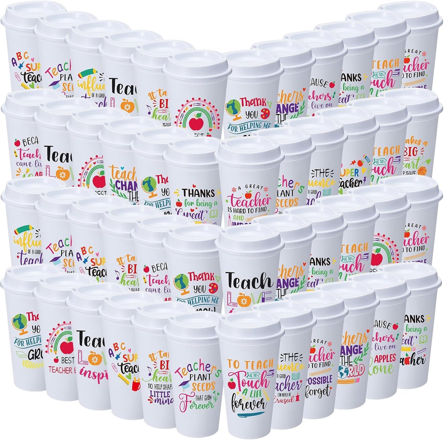 48 Vasos Plástico Multicolor con Tapas Regalo Profesores