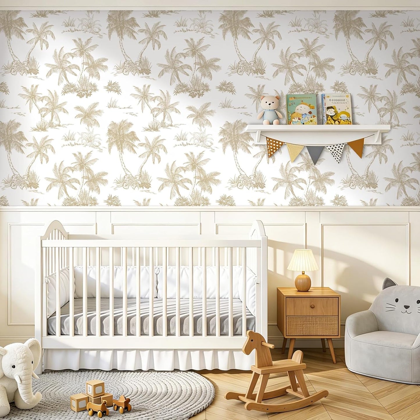 Papel tapiz neutro con palmeras tropicales para dormitorio y baño