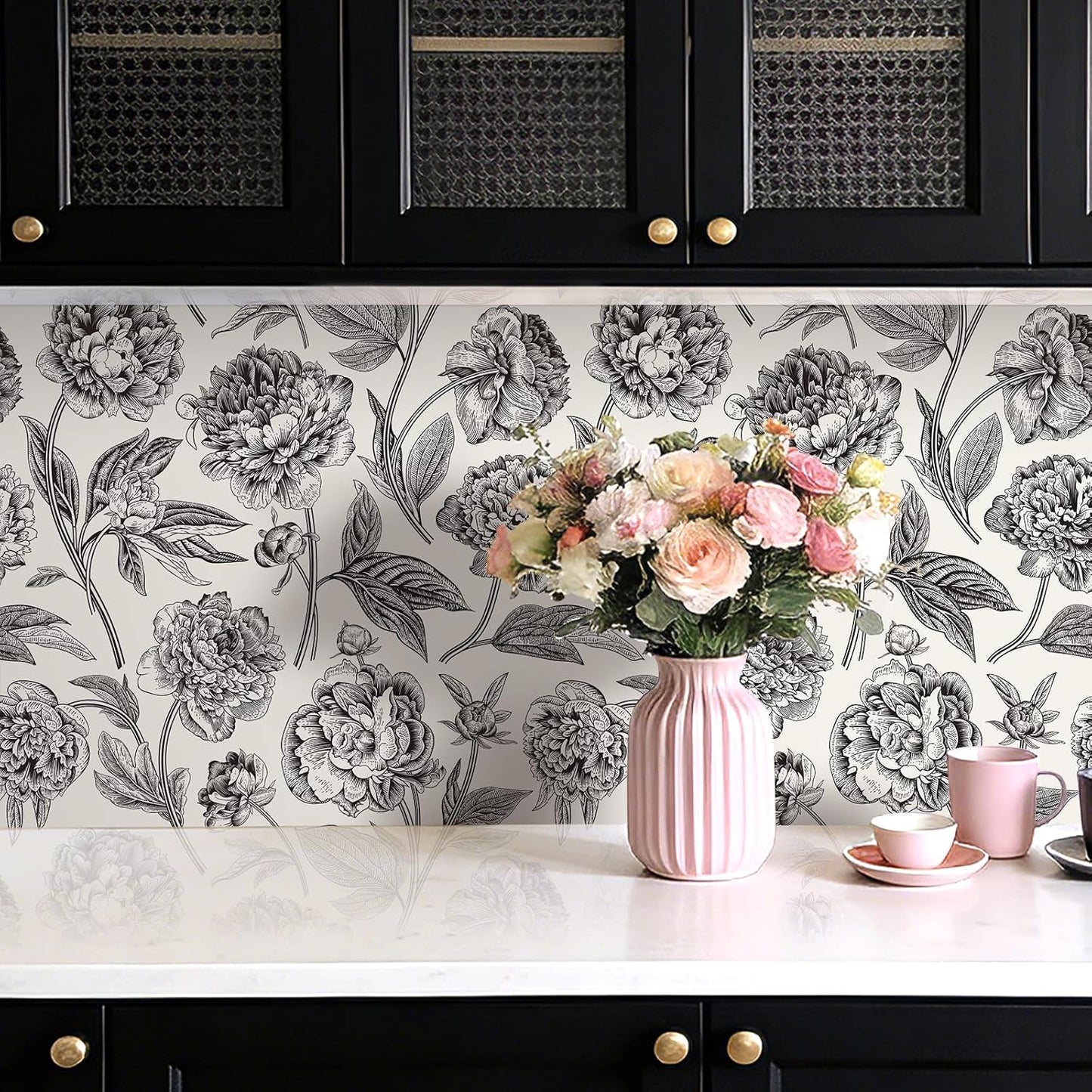 Papel tapiz vintage floral despegable y pegable blanco y negro