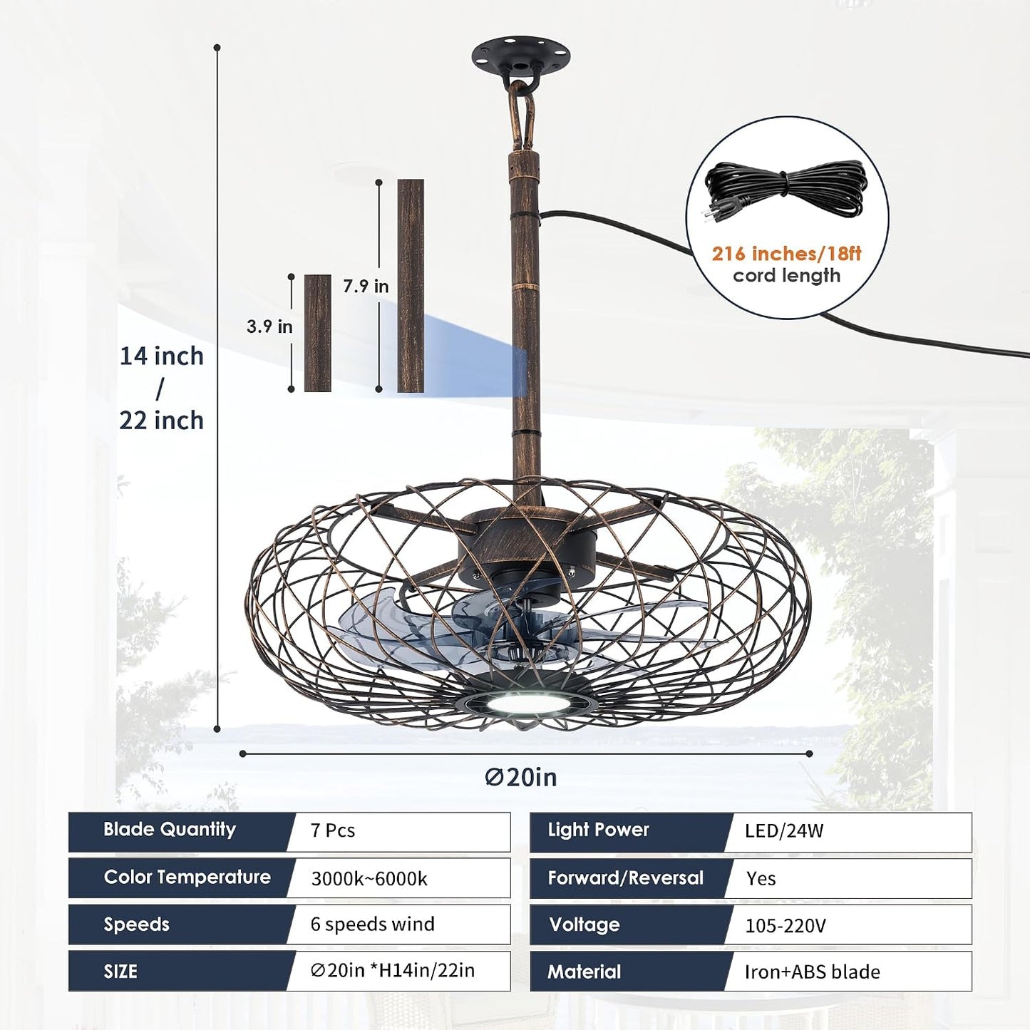 Ventilador techo retro impermeable 20pulg luz LED control remoto