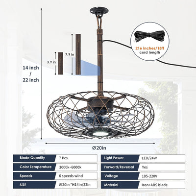 Ventilador techo retro impermeable 20pulg luz LED control remoto