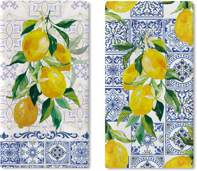 Juego de 2 paños de cocina con azulejos italianos color azul limón