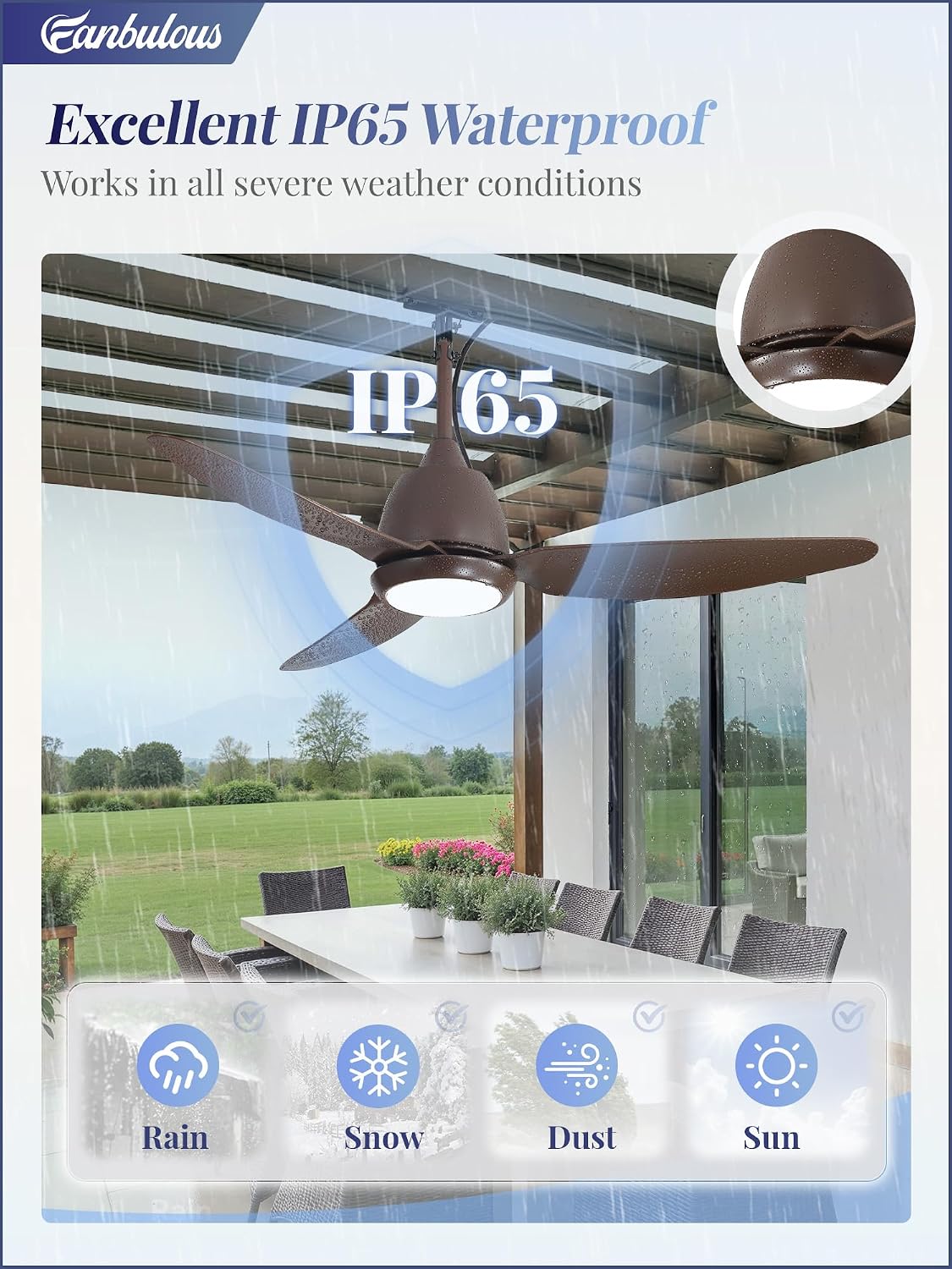 Ventilador techo exterior 42in luz IP65 control APP 6 velocidades