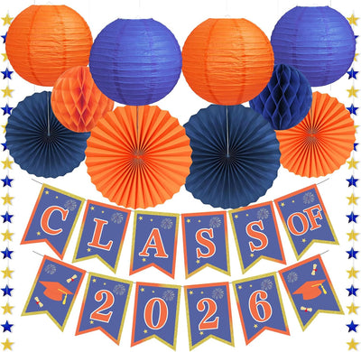 Kit decoración graduación 2026 azul marino y naranja 15 pzas