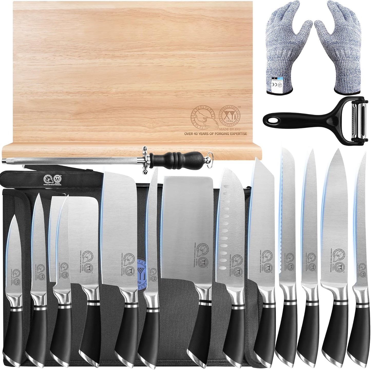 Set Cuchillos Acero Inox Bloque Magnético Estilo Japonés