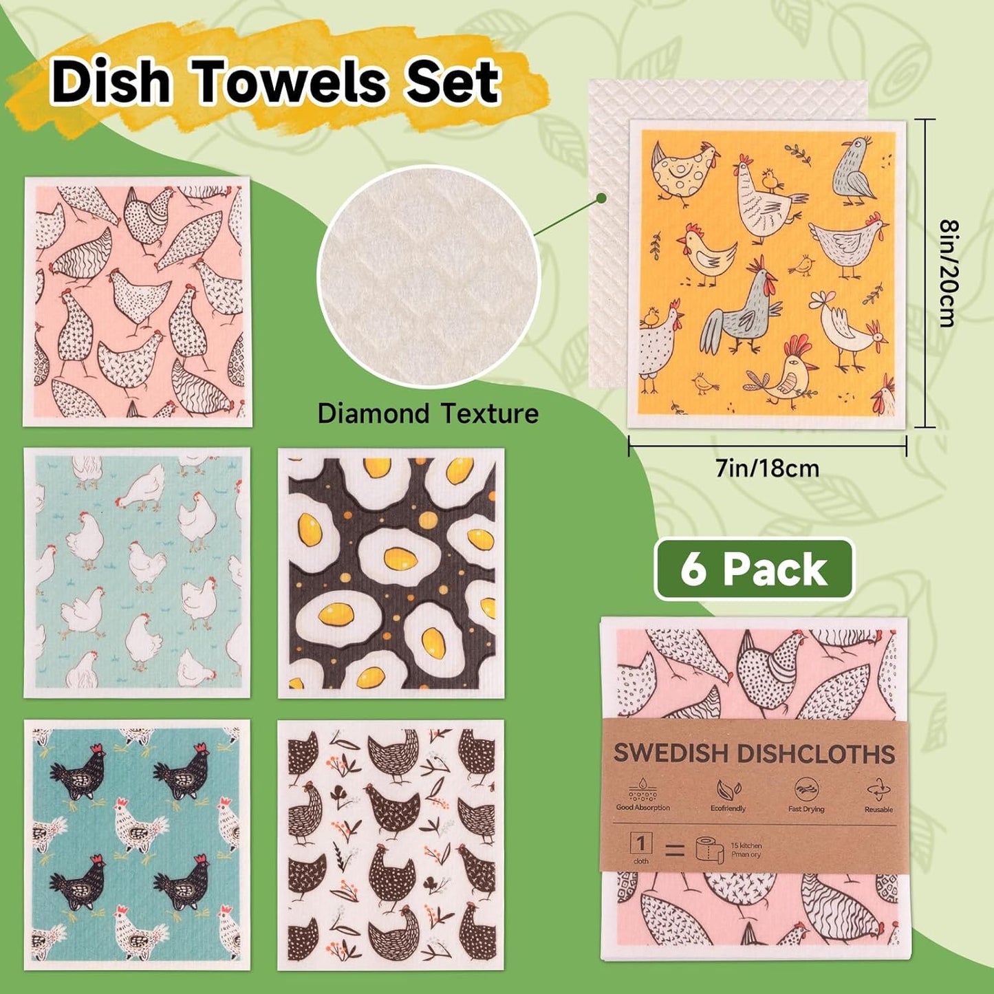 Paños de cocina suecos Polly Online, paquete de 6, reutilizables y biodegradables