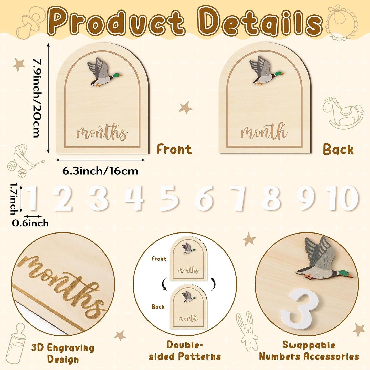 Tarjetas hitos mensuales de madera pato 3D para bebé