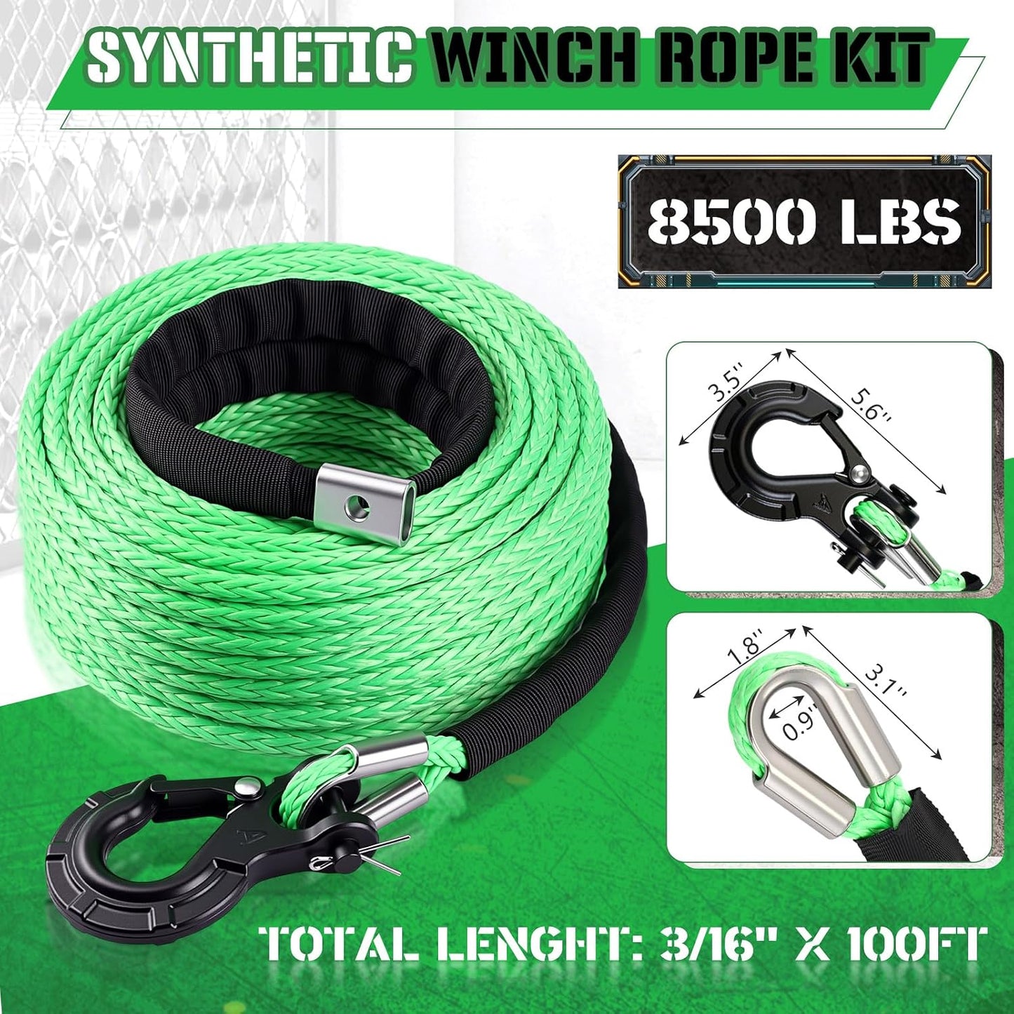 Kit cable sintético 3/16x100pies con manga y gancho