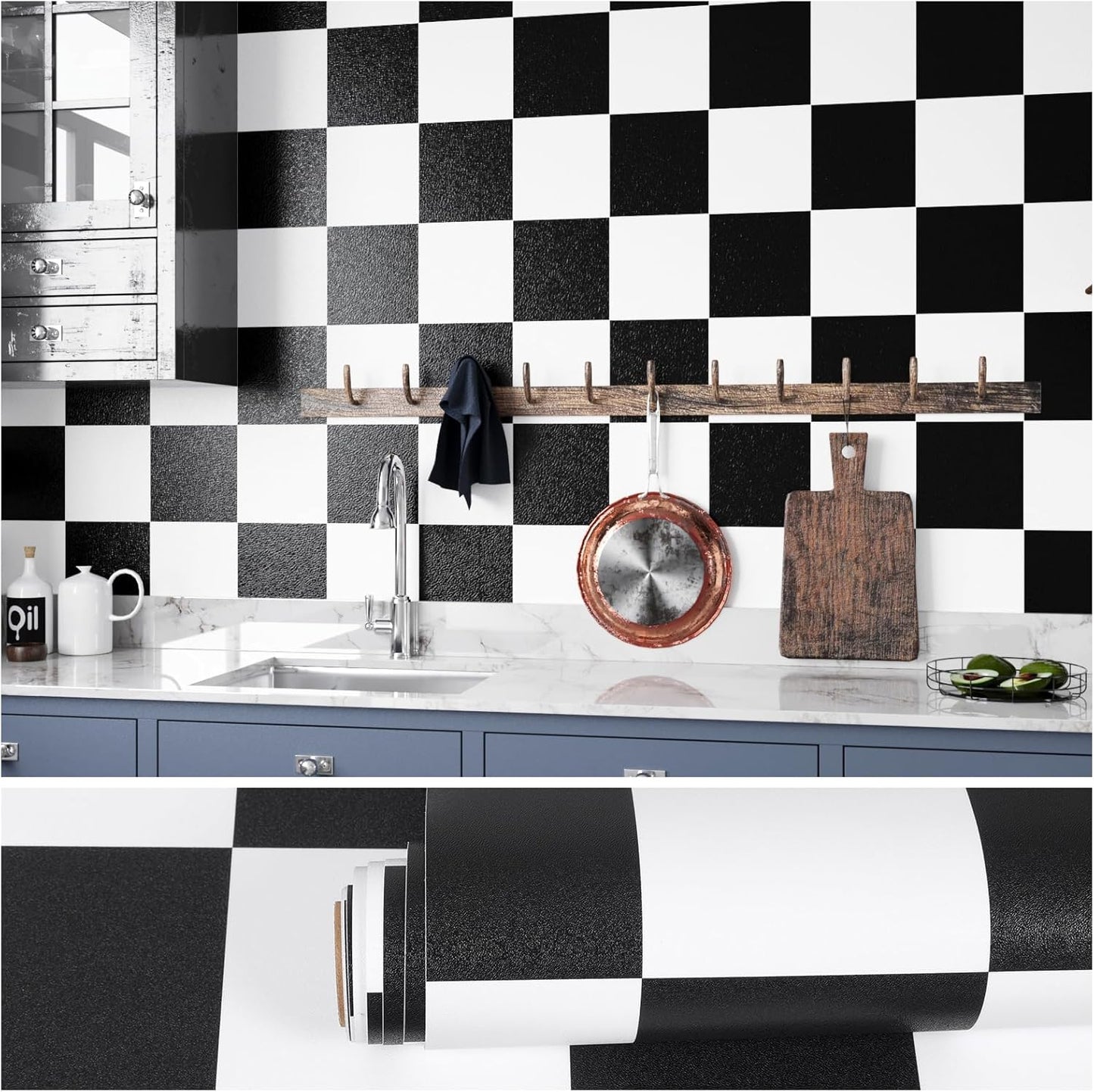 Papel Tapiz Cuadros Blanco Negro 15.7x118pulg Autoadhesivo