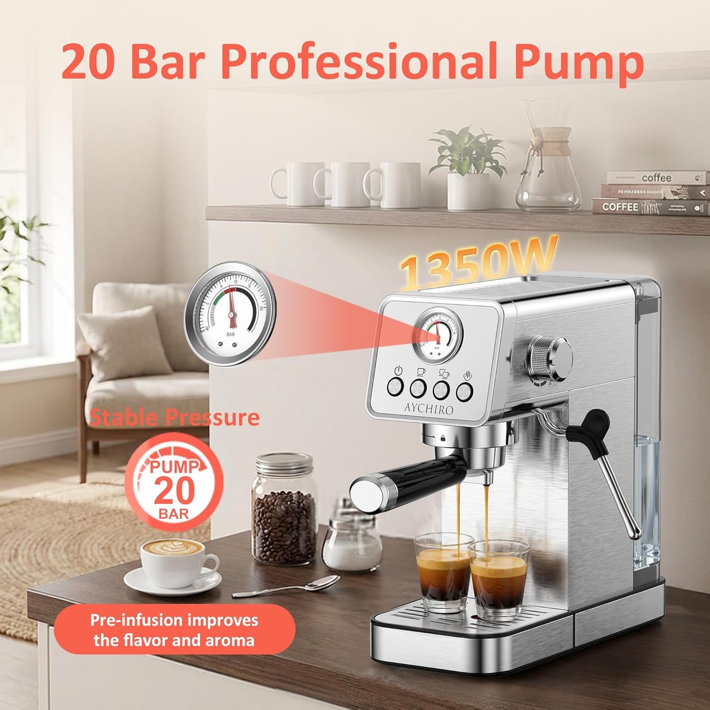 Máquina Espresso 20 Bar Compacta con Calentador Tazas