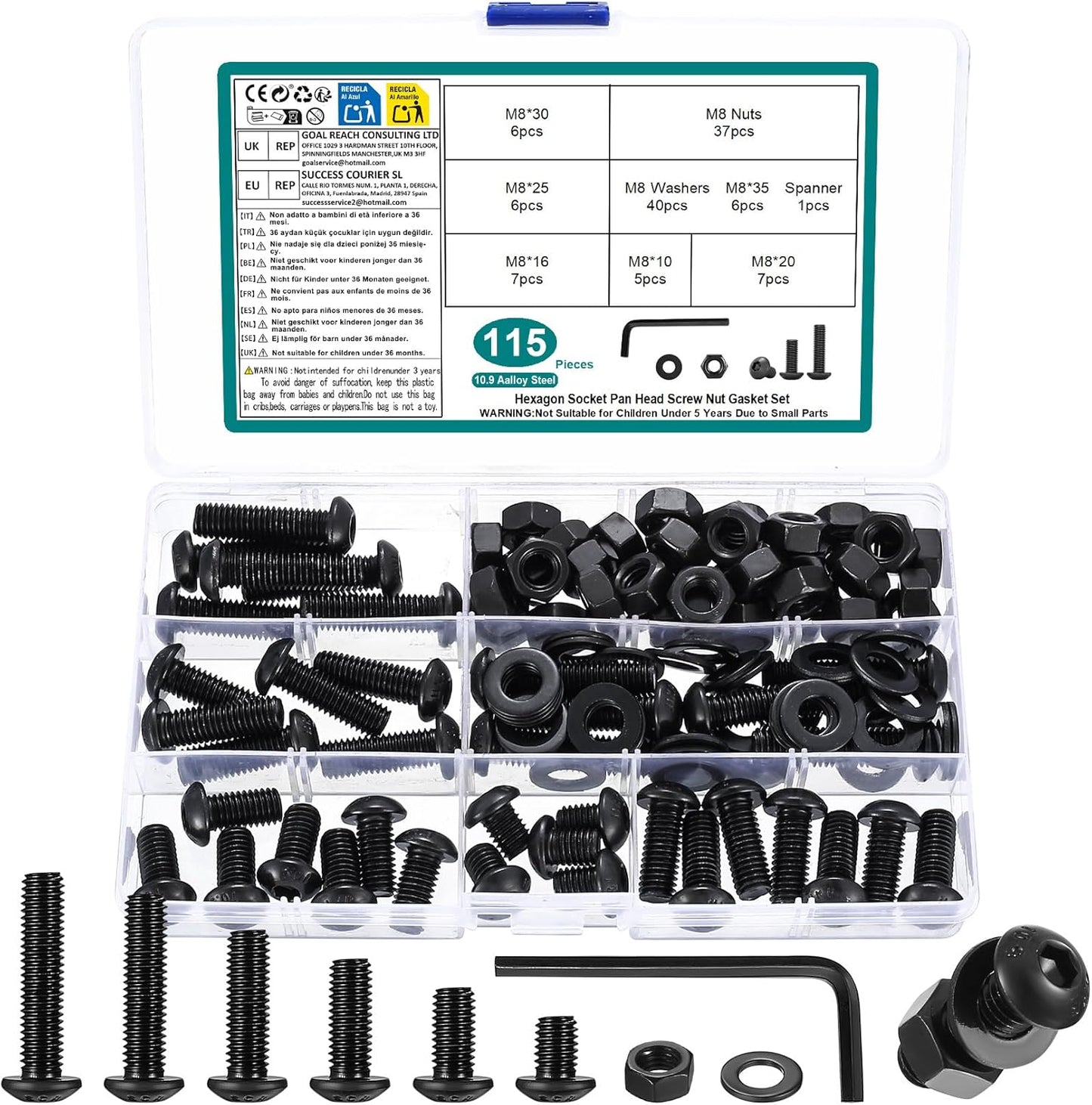 Kit surtido M8 tuercas y arandelas hexagonales