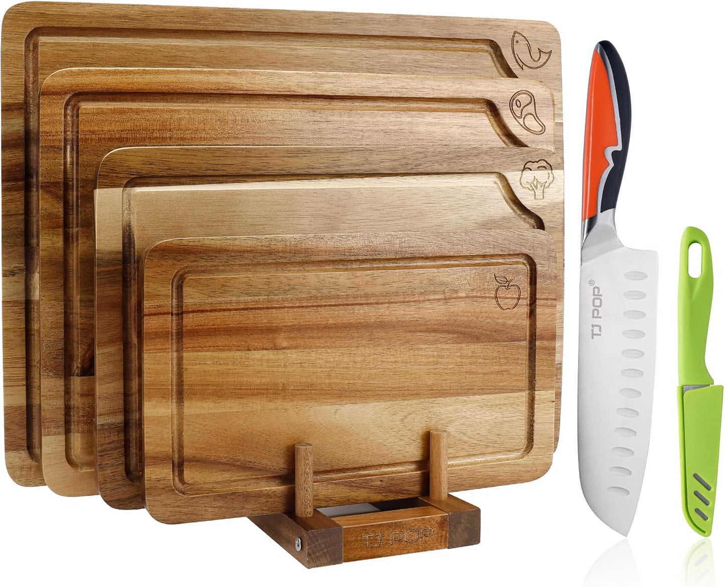 Set 4 Tablas Cortar Acacia con Cuchillo Santoku Acero Inox