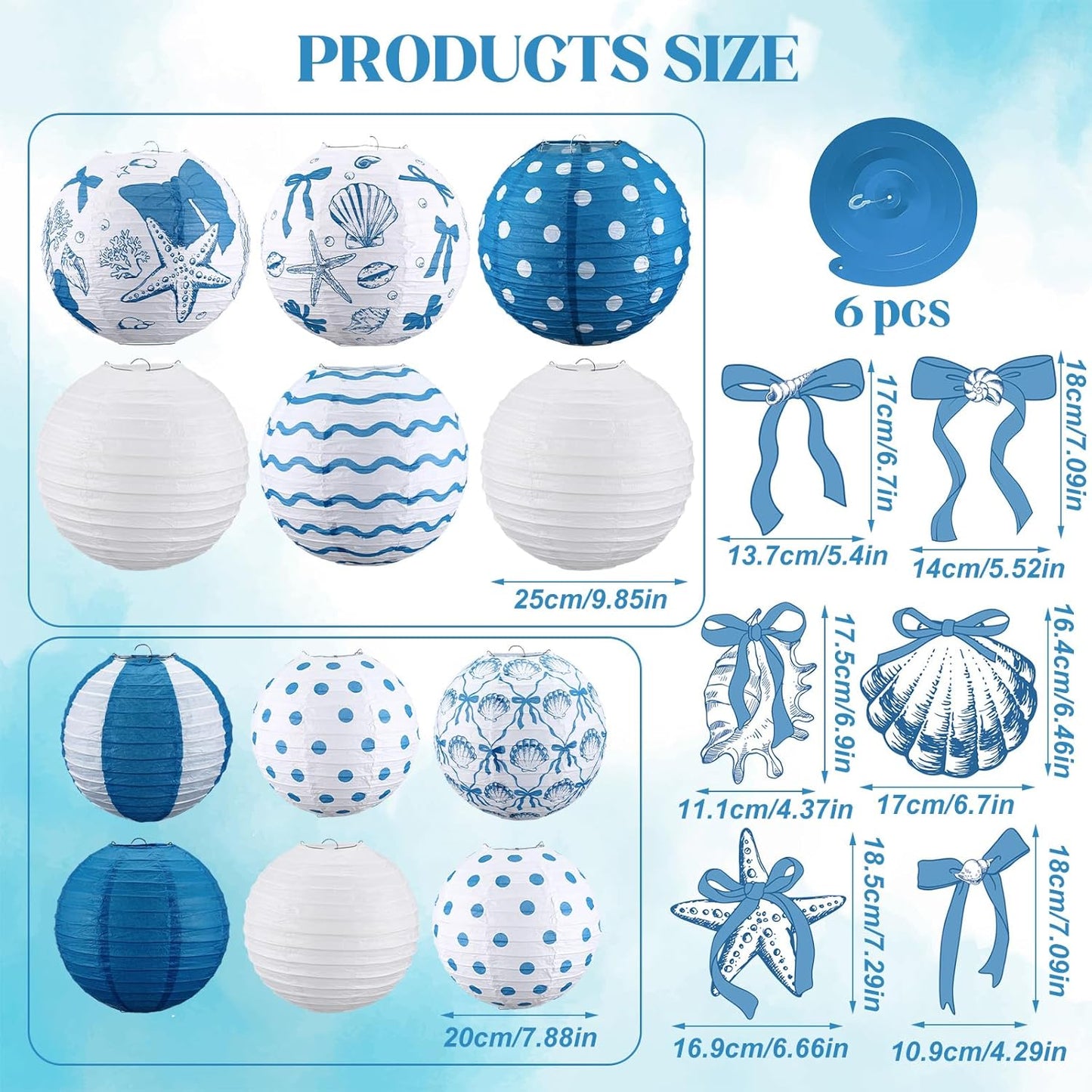 Set 18 Decoraciones Verano Faroles Pompones Lazo Azul