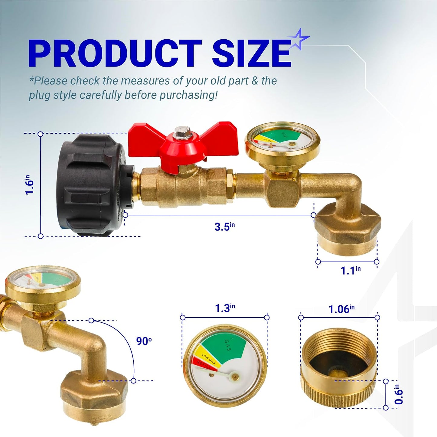 Adaptador propano 1lb latón macizo para 20lb válvula codo recarga