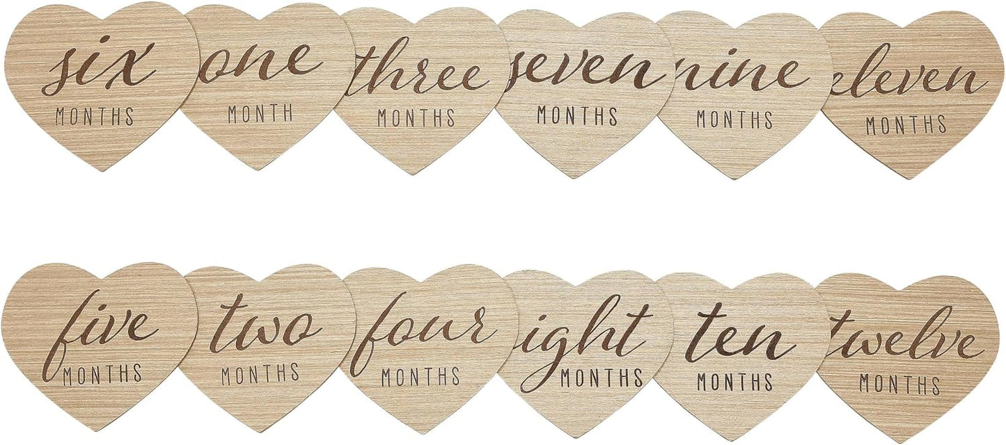 Juego Tarjetas Hitos Bebé Madera Corazón 1-12 Meses Neutro