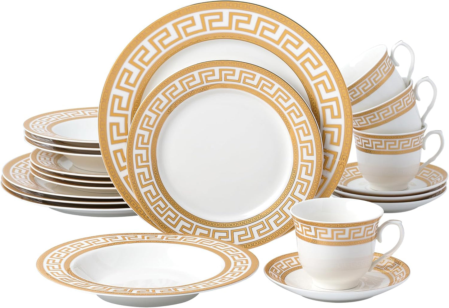 Set 77 Pzas Vajilla Porcelana Hueso Llave Griega Blanca Dorada