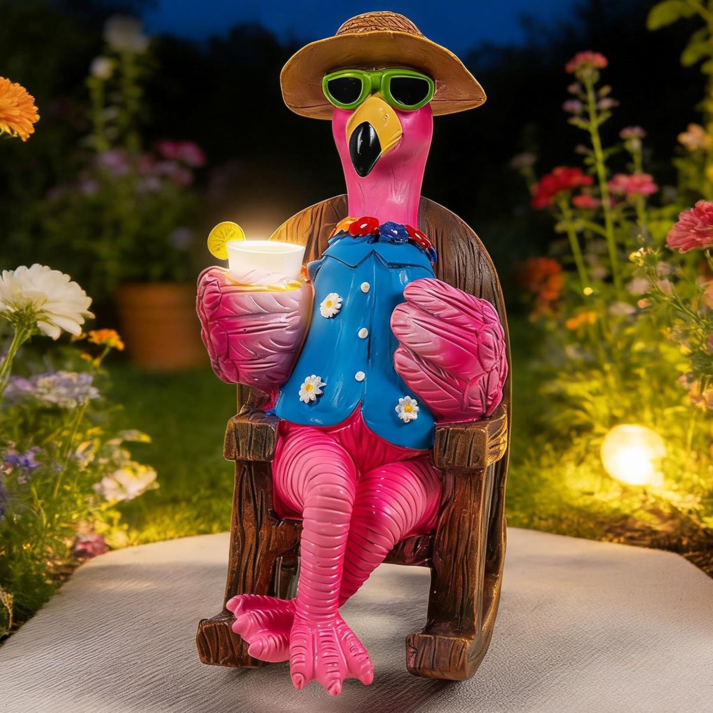 Figuras solares de flamenco resina iluminada para jardín