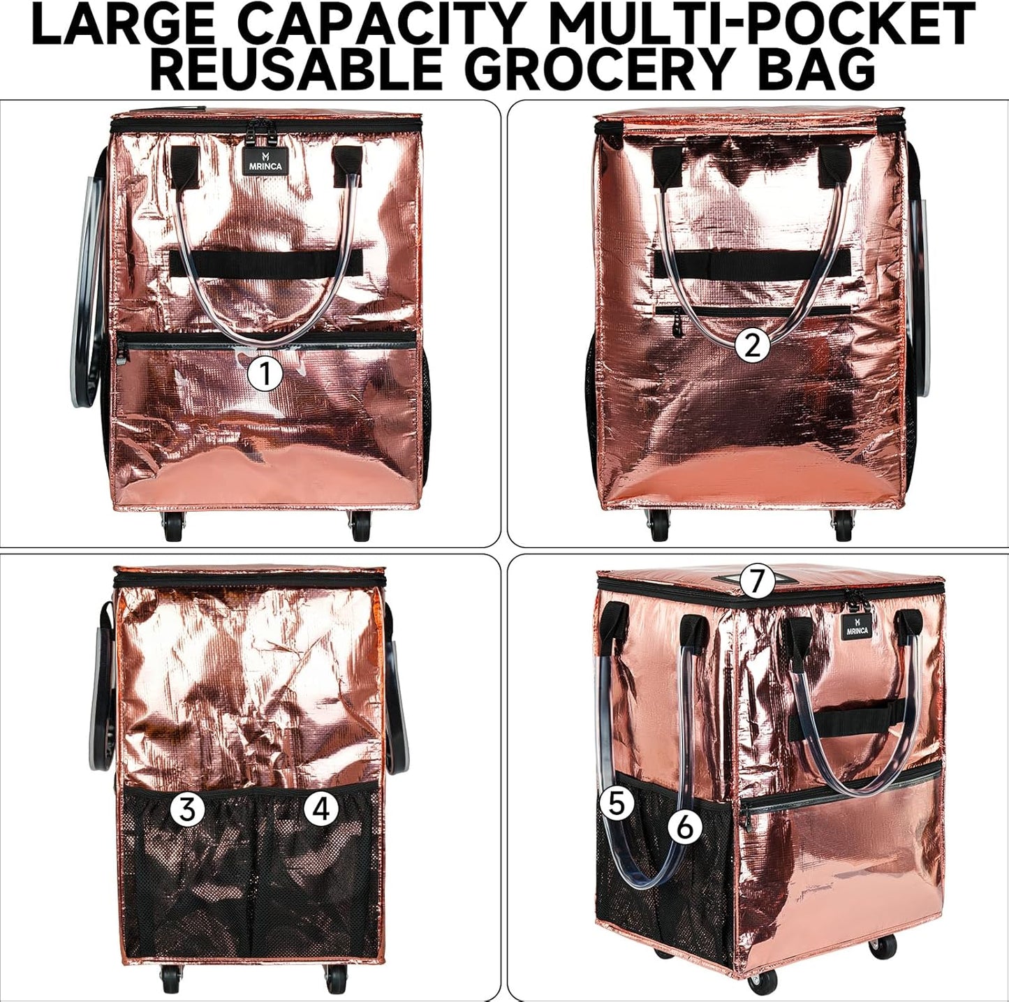 Bolsa comestibles reutilizable con ruedas plegable 6 bolsillos
