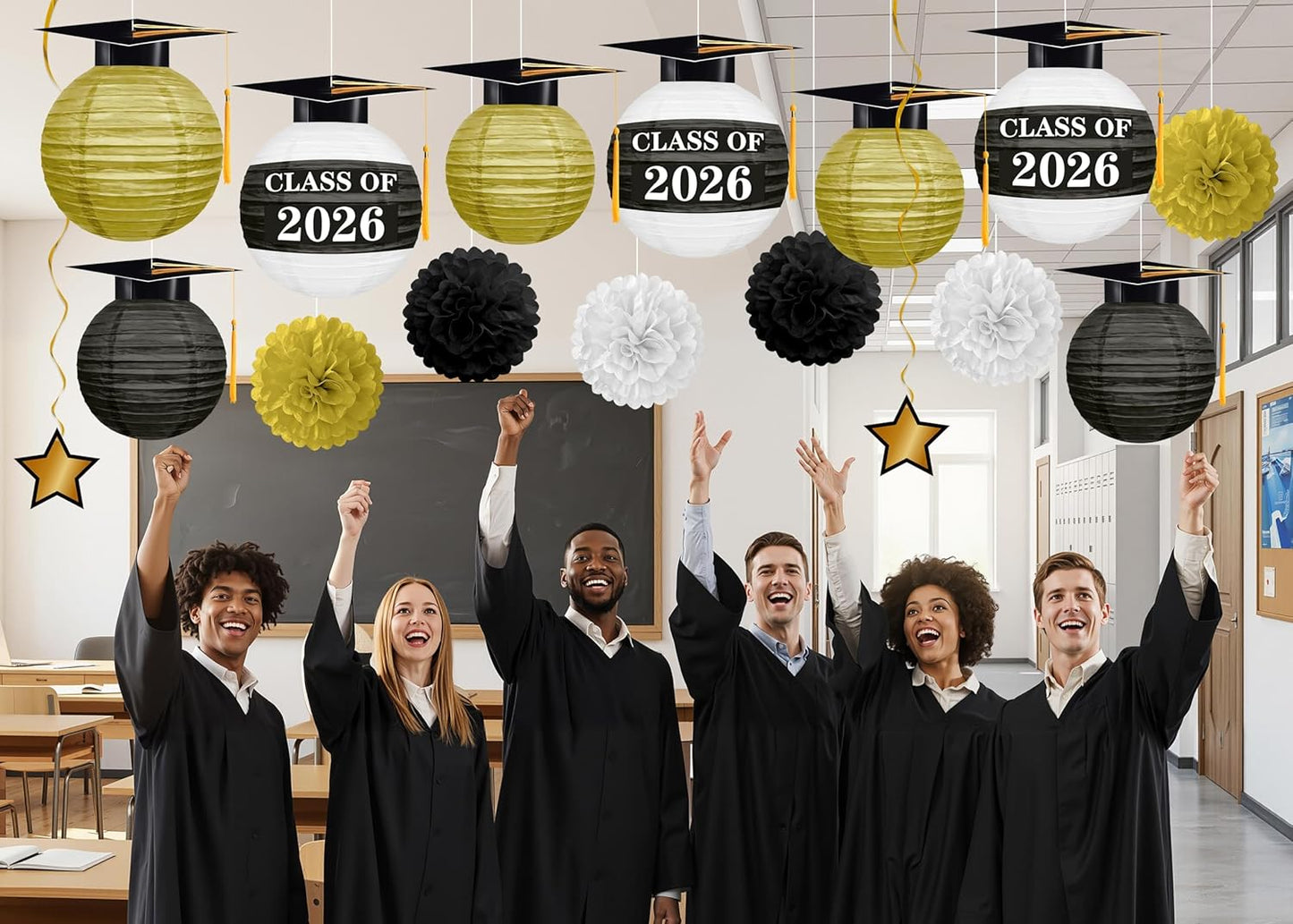 16 Linternas Papel Graduación Negro Dorado Estilo 1