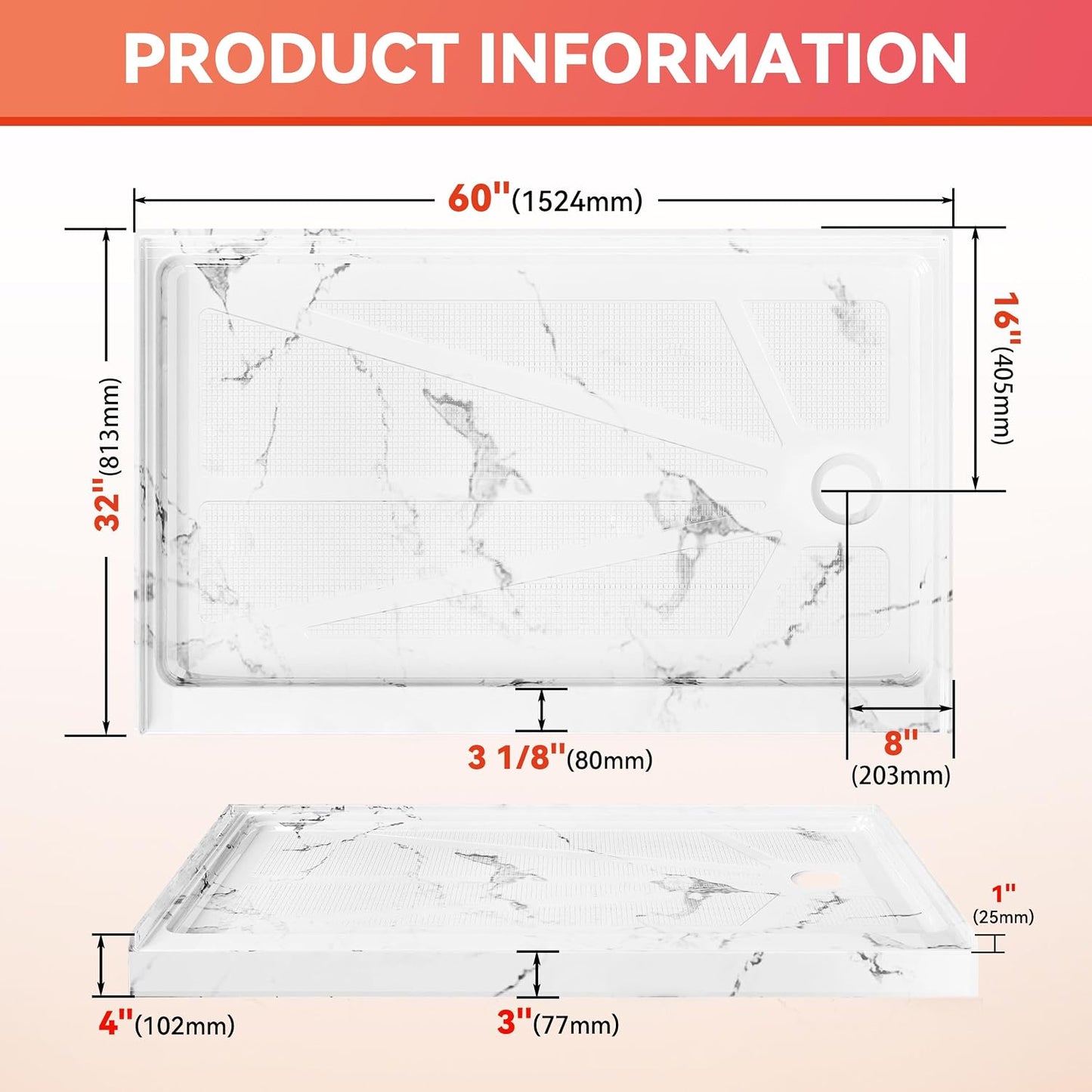 Base ducha 60x32pulg bandeja drenaje derecho umbral blanco
