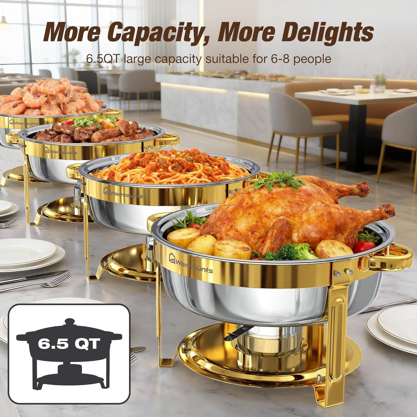Set 6 Platos Acero Inox 6.5qt Con Tapa Vidrio Apilables Bufé