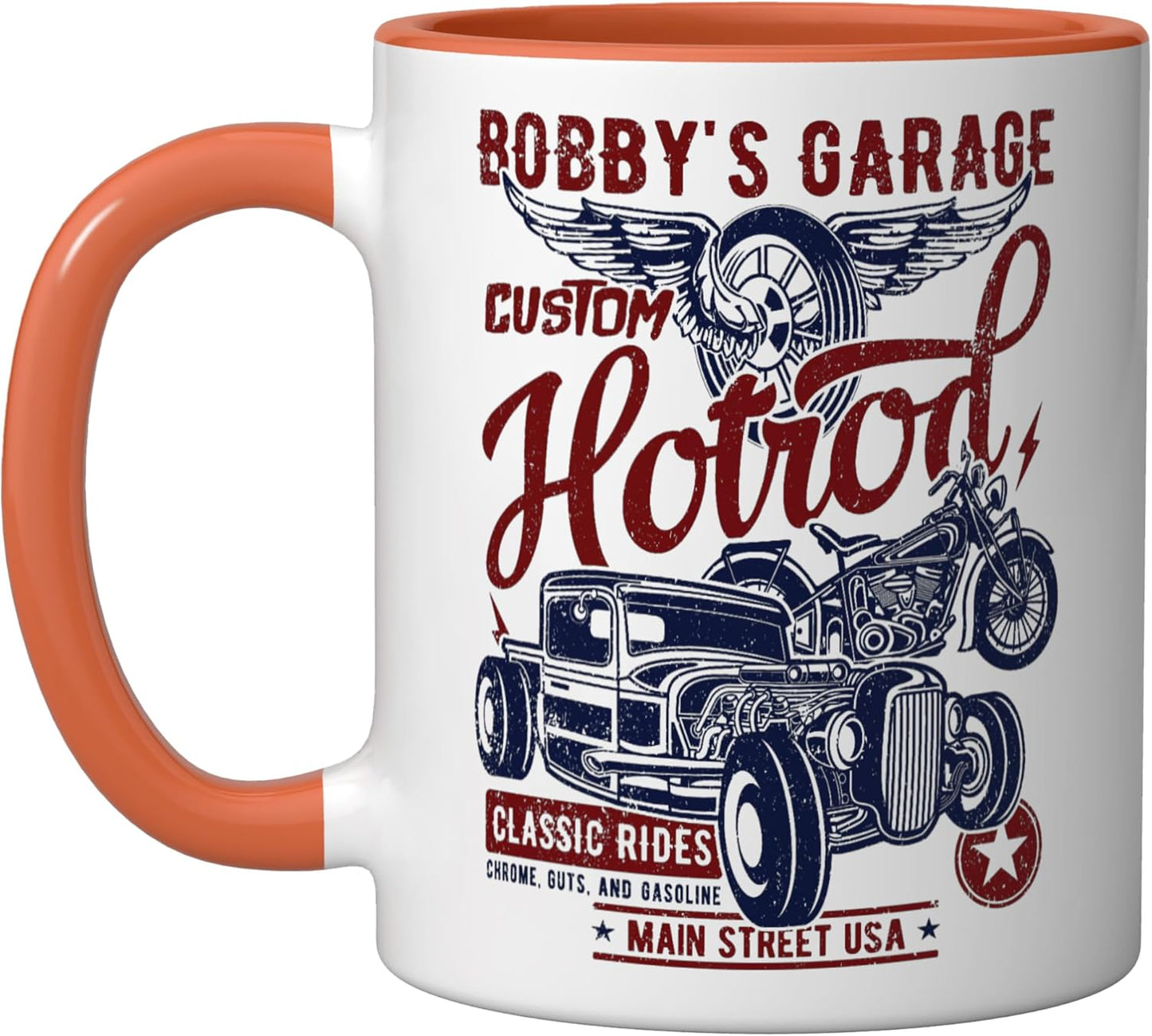 Taza cerámica Bobby's Garage Hotrod Clásico Diseño Desgastado Naranja/Blanco